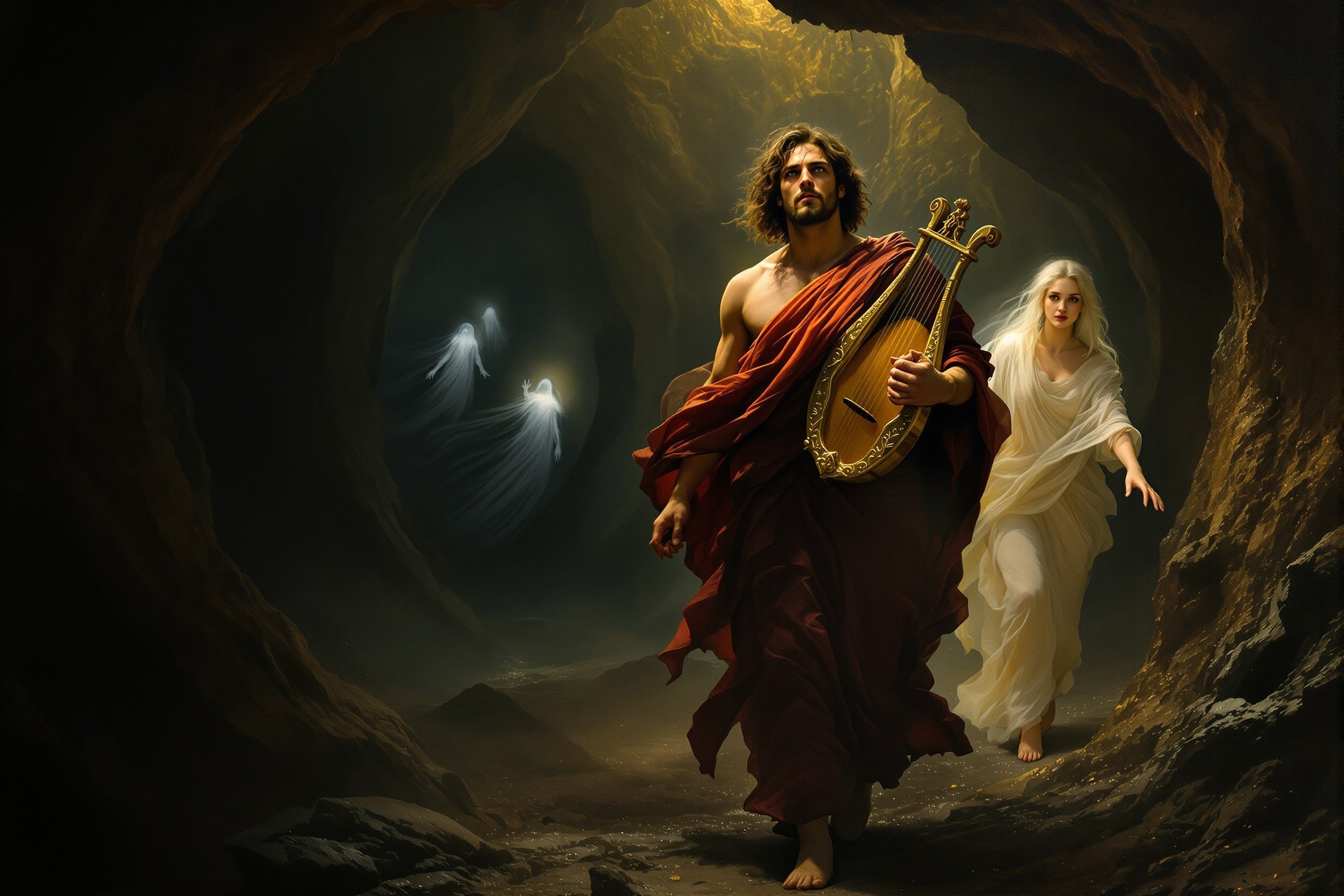 Orfeu descendint als inferns amb la seva lira, encantat Cèrber i Caront
